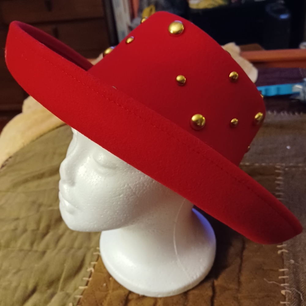 VINTAGE BETMAR NEW YORK RED WOOL FELT STUDDED HAT 21" EUC